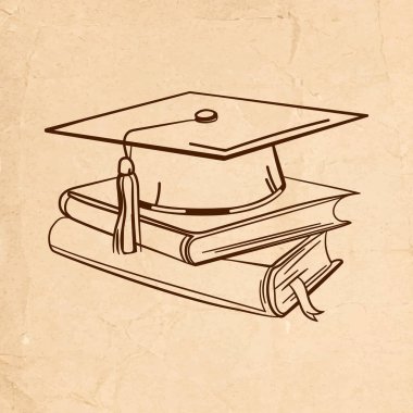 Mezuniyet şapkası istiflenmiş kitaplar, klasik çizimler. Mezuniyet şapkası, eski kâğıt arkaplan üzerine istiflenmiş kitaplar. Eğitim temaları, akademik başarılar, öğrenme materyalleri, mezuniyet için ideal. Vektör 