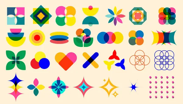 Moda riso grafik tarzında renkli geometrik şekiller belirlendi. Retro histerikler soyut şekiller, desenler, semboller, elementler, modern tasarım projeleri, dijital sanat, posterler, yaratıcı arka plan vektör çizer