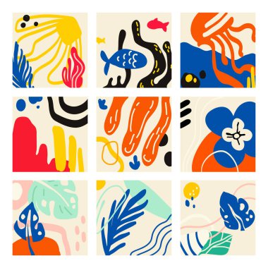 Cesur renklerin, organik şekillerin, tropikal ve okyanus elementlerinin yer aldığı soyut modern sanat eserleri. Sosyal medya şablonları, markalaşma, duvar kağıtları, ambalajlama, sanatsal baskılar için mükemmel. Vektör illüstrasyonu