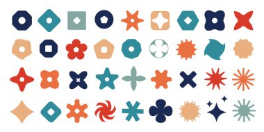 Çeşitli şekillerdeki soyut geometrik semboller Retro renkleri ayarlandı. Modern vahşi dekoratif tasarımlar. Düz simgeler markalaşma, logo tasarımı, UI UX elemanları, kalıplar, dijital grafikler için idealdir. Vektör çizimi