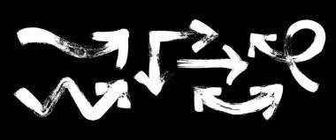 Siyah arkaplanda elle çizilmiş beyaz fırça darbeleri koleksiyonu grunge ve soyut bir tarz. Tasarım elemanları, yön göstergeleri ve yaratıcı çizimler için idealdir. Vektör illüstrasyonu
