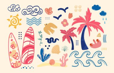 Palmiye ağaçları, sörf tahtaları, okyanus dalgaları, kuşlar, deniz canlıları, deniz kabukları ve soyut yaz elementleri içeren renkli bir plaj vektörü. Posterler, sosyal medya seyahati, çıkartmalar, ürünler için ideal