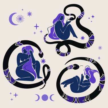 Farklı yılanlı mistik kadınlar, boho kozmik tarzında yıldızlar ve ay sembolleri yerleştirir. Ruhani sanat için ideal olan tarot astroloji posterleri ve alternatif moda tasarlar. Vektör ilüstrasyonu