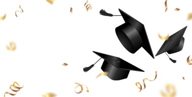 Mezuniyet şapkaları altın konfeti ve flamalarla uçuyor. Gerçekçi stil, mezuniyet duyuruları, parti davetiyeleri okul promosyonları, akademik kutlama tasarımları, yaratıcı afişler için. Vektör 