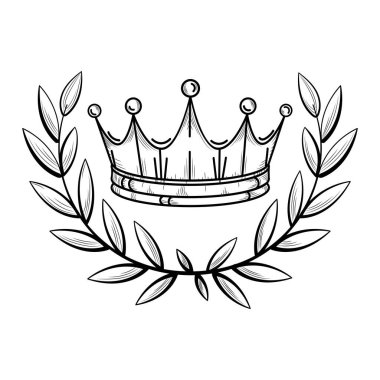 Crown ve Laurel Çelenk Hattı Sanat Vektörü Logosu Simge Yazdırma Tasarımı. Zafer sembolleri, temalar, markalaşma ve klasik tasarım için ideal defne çelengi ile çevrili kraliyet tacının çizgisi.