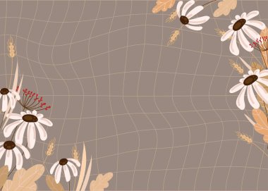 Soyut dalgalı şebeke ve yumuşak bej ve kahverengi tonlardaki çiçekli unsurlara sahip botanik arka plan, davetiyeler, dijital planlamacılar, kırtasiye malzemeleri ve mevsimsel tasarım projeleri için idealdir. Vektör ilüstrasyonu