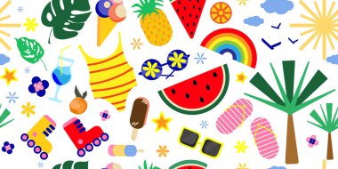 Tropikal meyveler, mayo, plaj aksesuarları, palmiye ağaçları ve güneşli hava ikonlarıyla kusursuz bir yaz şablonu. Paketleme, tekstil, ambalaj, dijital arka plan, mevsimsel pazarlama. Vektör illüstrasyonu