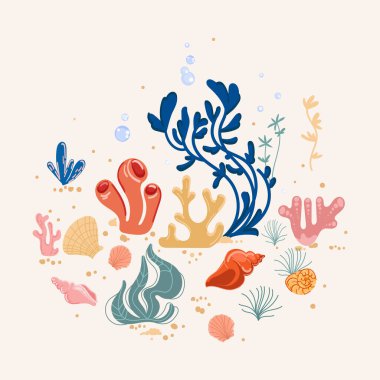 Deniz kabuklu ve bitkili renkli sualtı mercan deniz elementleri. Renkli mercanlar, deniz yosunu, deniz kabukları, deniz bitkileri, çocuk tasarımları, okyanus grafikleri ve yaz dekorasyonlu okyanus tabanı.