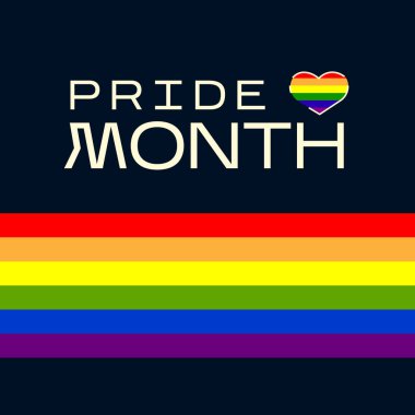 Gökkuşağı Kalp ve Çizgili Gurur Ay Sancağı. Gurur Ayı metni ve gökkuşağı kalp sembolü yatay gökkuşağı çizgilerinin üzerinde. LGBTQ bilinçlendirme kampanyaları, olay afişleri, dijital promosyonlar. Vektör ilülasyonu