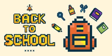 Retro Pixel Tarzı Okul Sancağına Dönüş. Okul metnine, sırt çantasına, malzemelere, kitaplara, yapıştırıcıya, makasa, kaleme sahip pikseller. Eğitim siteleri, çocuk oyunları, posterler, tanıtım, baskı. Vektör illüstrasyonu