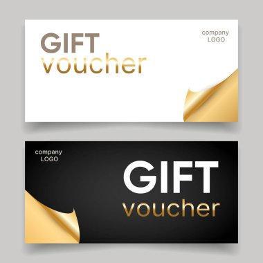 Altın Köşeli Lüks Hediye Fiş Şablonu. Zarif hediye çeki. Altın folyo köşeli beyaz ve siyah arka planlar. Lüks markalar, promosyonlar, güzellik, moda butikleri, hediyeler.