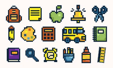 Pixel Sanat Okulu Eğitim Tanımlama Seti. 8-bit Okul Vektör Simgeleri Koleksiyonu okul malzemeleri, not defteri, kalem, elma, hesap makinesi, okul otobüsü ve alarmlı saat