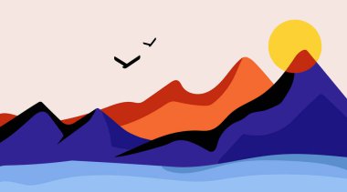 Sunset ve Birds ile soyut Dağ Manzarası. Minimalist düz tasarımlı katmanlı renkli dağlar, güneş, kuşlar ve mavi su ile soyut manzara çizimi. Vektör tasarımı