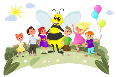Mutlu çocuklar dışarıda büyük bir arı maskotuyla oynuyorlar. Eğitim malzemeleri, çocuk kitapları, okul posterleri, çevre kampanyaları ve çocuk partisi grafikleri için ideal.