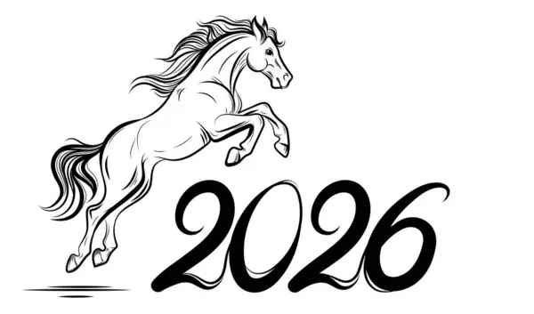 Atlı At Yılı 2026, Sıçrayan At Çizgisi Art vektör illüstrasyonuyla. Yeni yıl tebrik kartları, takvimler, posterler, baskılar, grafik tasarımları için dört nala koşan at. Vektör illüstrasyonu