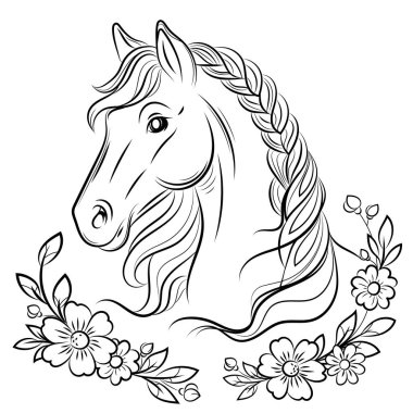 Dekoratif Çiçeklerle Çizgi Sanat Atı Portresi. Çiçek Elementleriyle At Boyama Sayfası. Baskı, boyama kitapları, çocuk aktiviteleri ve binicilik temalı tasarımlar için ideal. Vektör illüstrasyonu