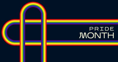 Karanlık bir arkaplan ve kalın bir tipografi üzerinde kalp şeklinde gökkuşağı çizgileri olan modern Onur Ayı afişi, LGBTQ etkinlikleri, sosyal medya, posterler ve eşitlik kampanyaları için idealdir. Vektör illemesi