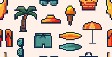 Palmiye ağaçları, dondurma, şapkalar, şemsiyeler, retro 8 bit tarzında şortlar, mobil uygulamalar, yaz ürünleri, kumaş baskısı, dijital illüstrasyon dahil olmak üzere piksellerin kusursuz desenleri
