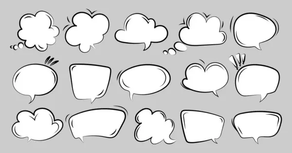 Komik Konuşma ve Düşünce Baloncukları Set. Çizim tasarımında el çizimi komik konuşma ve düşünce baloncukları, çizgi roman, sosyal medya grafikleri, yaratıcı tasarım projeleri, hikaye anlatımı için idealdir. Vektör illüstrasyonu