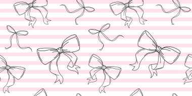 Pembe çizgili arka planı olan kusursuz yay deseni. Yumuşak pembe ve beyaz çizgili arka plan üzerinde el çizimi siyah yay vektör çizimleri içeren kusursuz desen.