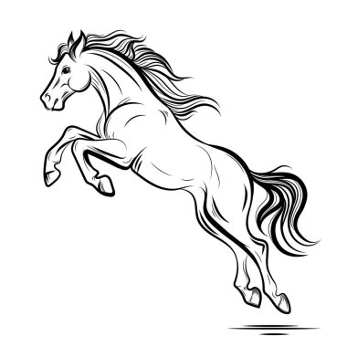 Arka At Çizgisi Sanat Vektörü İllüstrasyonu. Siyah ve beyaz atların hareketli duruşu yeleli, dövme tasarımı için ideal, logo oluşturma, posterler, binicilik grafikleri, dekoratif baskılar
