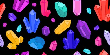 Düz Vektör Biçiminde Parlak Gemstone ve Kristaller Deseni. Siyah zemin üzerinde renksiz kristaller ve değerli taşlar, fantemalar, tekstil, baskı, duvar kağıtları, ambalaj kağıdı, web