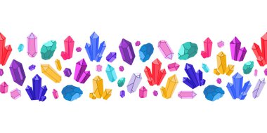 Renkli Kristal ve Gemstone Kusursuz Sınır Vektörü çizimi. Renkli kristaller, değerli taşlar ve çeşitli şekillerle kusursuz bir sınır. Vektör tasarımı ambalaj kağıdı, çıkartmalar, arka planlar