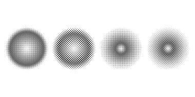 Farklı yoğunluk ve geçişlerde siyah nokta desenli dairesel yarım ton gradyanı, çizgi roman efektleri, pop sanat, modern posterler, arka planlar ve dijital grafik tasarımları için idealdir.