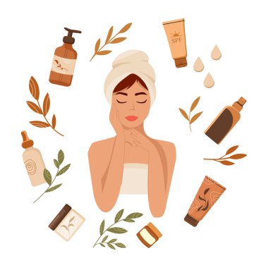 Kadın ve Kozmetik Ürünleri ile Cilt Rutin Vektörü. Havlusu olan kadın cilt ürünleri, kremler, kremler, SPF, doğal yapraklar ile çevrili. Kişisel bakım ve güzellik rutinini temsil ediyor.