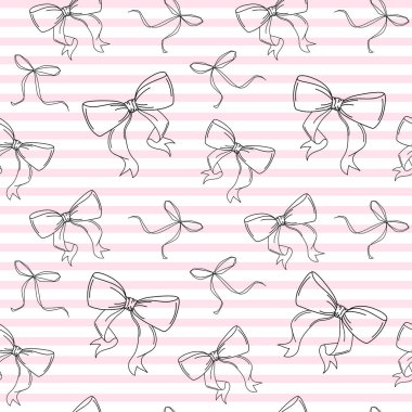 Çizgili kız yayı deseni. Dişil ve dekoratif tasarımlar, moda baskısı, kumaş, kağıt, ambalaj kağıdı için yumuşak pembe ve beyaz çizgili arka planda kurdeleli kusursuz desen. Vektör