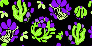 Kusursuz çiçek desenleri, soyut çiçekler, kalın botanik şekiller ve canlı kontrastlar. Tekstil baskıları, duvar kağıtları, ambalaj kağıtları, moda tasarımı, arkaplan çizimleri için ideal. Vektör illüstrasyonu