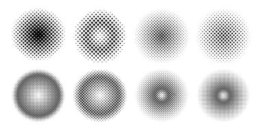 Siyah beyaz noktalı desenli soyut yarım ton gradyan çemberler, posterler, web tasarım şablonları, markalaşma ve modern grafik kompozisyonları için ideal. Vektör