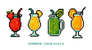 Çilek, portakal, kivi, tropikal içecekler beyaz, menü, oyun tasarımı, uygulamalar, çıkartmalar, sosyal medya ile izole edilmiş. Vektör 