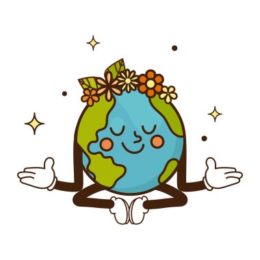 Dünya karakteri meditasyon yoga pozu ve huzur dolu bir gülümseme, yıldızlar ve parıltılarla çevrili, çevre dostu tasarımlar için mükemmel, Dünya Günü, refah içeriği ve çevresel illüstrasyon.