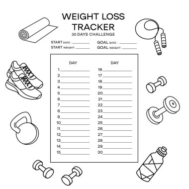 Yazdırılabilir 30 günlük zayıflama şablonu fitness ikonları dambıllar, spor ayakkabıları, atlama ipi, su şişesi, yoga minderi, kişisel fitness planlaması, spor dergileri, sağlık hedefi izleme. Vektör 