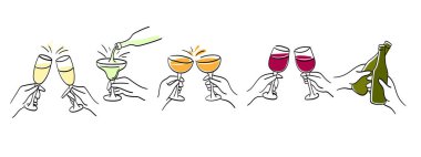 Kadehlerimizi şampanya, şarap ve kokteyllerle tokuşturuyoruz. Minimalist sanat eserleri, parti davetiyeleri, bar menüleri, etkinlik markaları ve şenlik tasarım projeleri için.