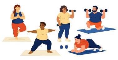 Farklı antremanlarda halterlerle ve yoga minderleriyle egzersiz yapan farklı boy erkek ve kadın grupları vücut pozitifliğini ve uygunluğunu destekliyor. Sağlıklı yaşam tarzı, kendine özen kavramı. Vektör tasarımı