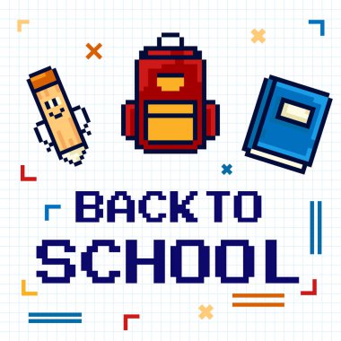 Okul için Pixel sanat tasarımı, okul malzemeleri kalem, sırt çantası ve grafik kağıdının üzerinde kitap simgeleri, eğitim amaçlı web siteleri, broşürler, afişler, tanıtım, çocuklar için basılabilir.