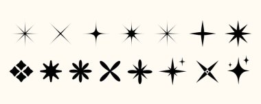 Minimum Kara Yıldız ve Parıltı Elementleri Vektör Paketi. Y2k yıldız patlaması, parıltı, ışıltı ve farklı şekillerde simgeler tasarlamak, logolar, tatil kartları, retro minimalist tasarım için tasarım elementleri