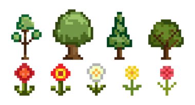 Piksel Sanat Ağaçları ve Çiçek Simgesi Seti. 8 bit retro tarzı çeşitli yeşil ağaçlar ve renkli çiçekler oyun tasarımı, uygulama simgeleri, çıkartmalar, dijital sanat projeleri için idealdir. Vektör illüstrasyonu