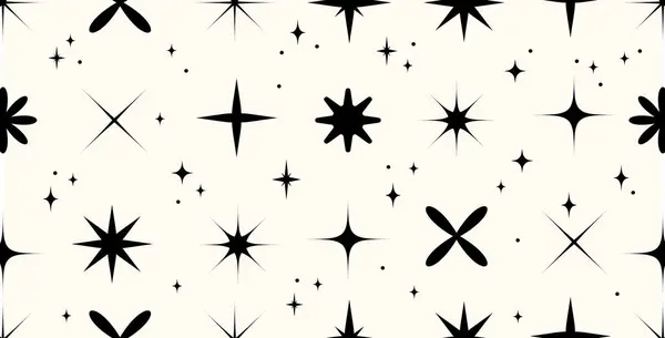 Y2k Retro Starburst ve Sparkle Vektör Tekrarlama Tasarımı. Minimalist Kara Yıldız Simgeleri baskı, duvar kağıdı, kağıt, fon, tekstil moda tasarımı için arkaplan desenli. Siyah yıldız şekillerinin kusursuz deseni