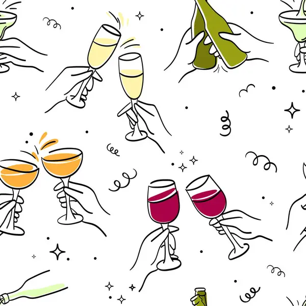 Şarap kadehleri, şampanya kadehleri, parti davetiyeleri, ambalaj kağıtları ve yeni yıl ya da etkinlik tasarımları için ideal karalamalar içeren kusursuz şenlik desenleri.