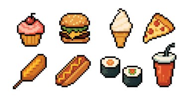 Fast Food Simgeleri Pixel Sanat tarzında abur cubur ve şekerle hazırlandı. Hamburger, pizza, soda, dondurma, kek, suşi ve sosisli dahil olmak üzere fast food ve tatlılarla pikselli yemek ikonu. vektör illüstrasyonu