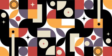Neo-jeo tarzı soyut geometrik desenler, soyut şekiller, renk blokları. Geometrik pankart arka plan, fon dokusu, moda tekstili, kapak tasarımı, markalaşma tasarımı, modern ambalaj. Vektör