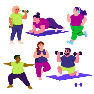 Farklı antremanlarda halterlerle ve yoga minderleriyle egzersiz yapan farklı boy erkek ve kadın grupları vücut pozitifliğini ve uygunluğunu destekliyor. Sağlıklı yaşam tarzı, kendine özen kavramı. Vektör tasarımı