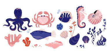 Deniz hayvanları ve okyanus elementleri ahtapot, yengeç, balık, deniz atı, mercan, deniz kabuğu ve deniz yosunu gibi vektör koleksiyonu. Okyanus Yaşamı Düz Tasarım Alanı. Su altı tasarım elementleri beyaz arkaplanda izole edildi