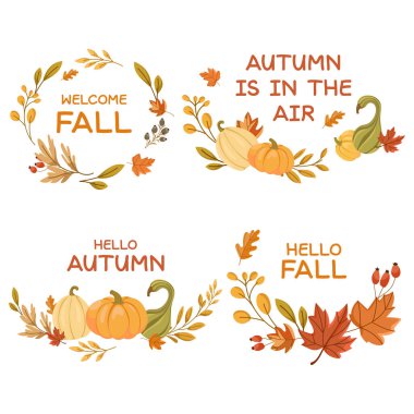 Sonbahar çelenkleri ve balkabaklı etiketler, renkli sonbahar yaprakları, böğürtlenler ve mevsimlik alıntılar. Tebrik kartları, çıkartmalar, davetiyeler, mevsimsel pazarlama ve sonbahar temalı dekorasyonlar için vektör elementleri
