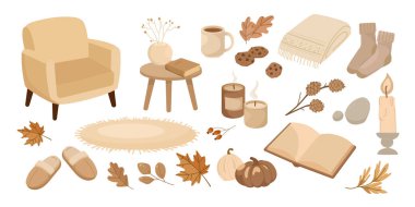 Koltuğu, mumları, çorapları, kurabiyeleri, balkabağı, yaprakları, kitabı ve ılık içecekleri yumuşak nötr tonlarda olan sıcak sonbahar öğeleri. Mevsimlik simgeler, blog grafikleri, sosyal medya, paketleme, yaşam tarzı