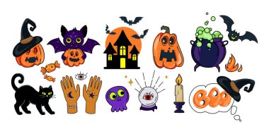 Şirin Cadılar Bayramı Simgeleri, Balkabakları, yarasalar, perili ev, kazan, siyah kedi, şeker, kristal top, cadı şapkası, sihirli eller, parti davetiyeleri, dekor, mevsimsel tasarımlar için. Vektör illemesi