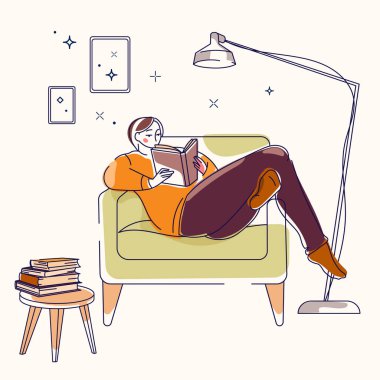 Genç bir kadın kitap okurken koltukta dinleniyor, ev lambalarıyla iç içe, modern minimalist tarz vektör illüstrasyonunda. Kitaplarla Evde Samimi Okuma Saati